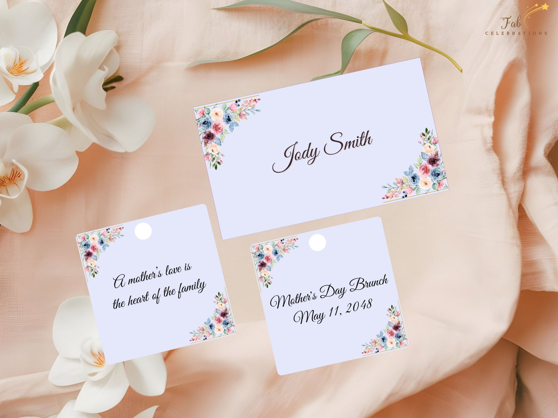 Mother’s Day Deluxe Set thank you note and matching floral gift tag featuring blush watercolor flowers, sage greenery, and elegant typography designed for heartfelt appreciation and refined finishing touches.