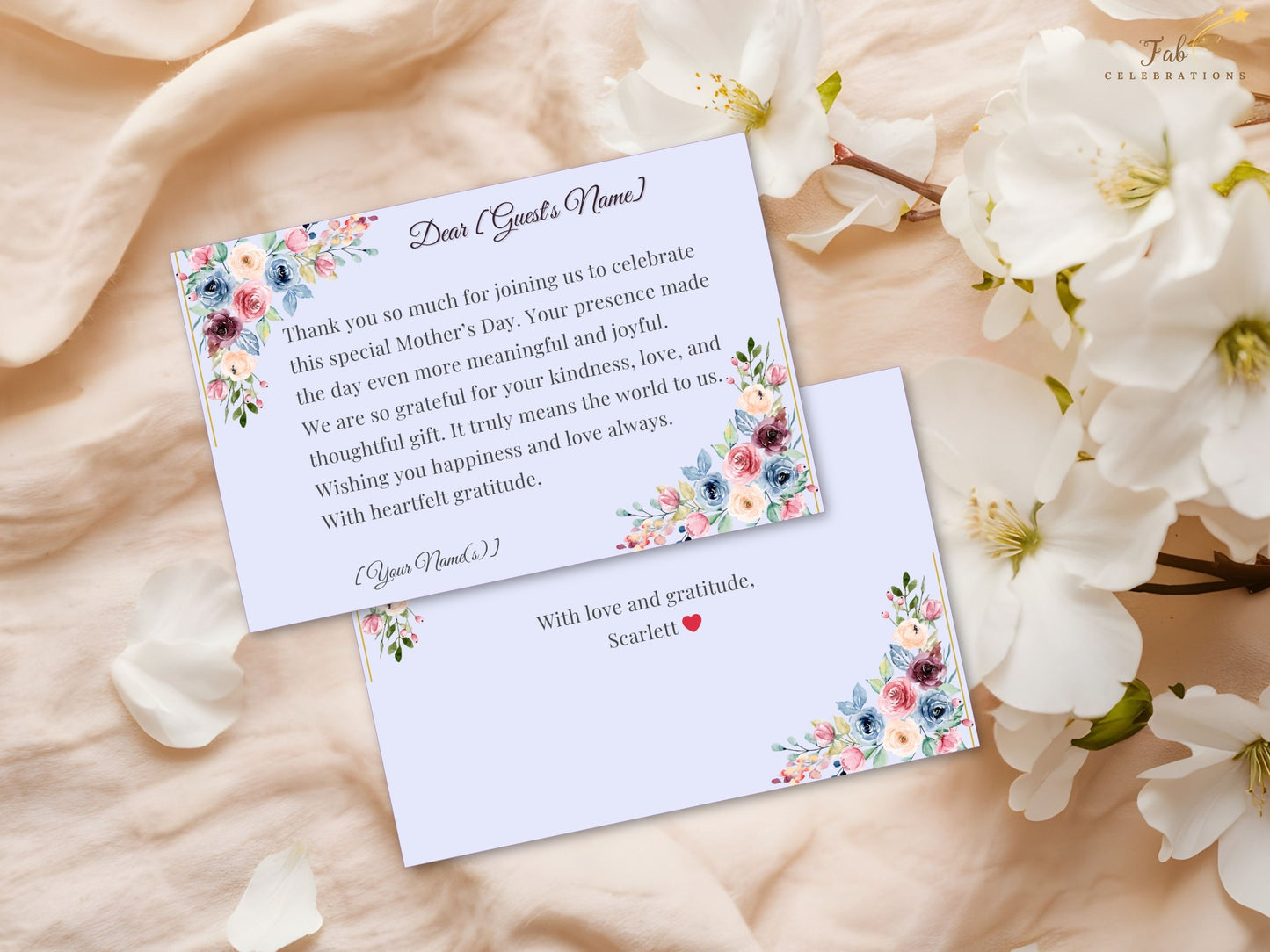 Mother’s Day Deluxe Set menu card and place card displayed on an elegant spring table setting with pastel floral décor, refined styling, and soft watercolor-inspired botanical accents.