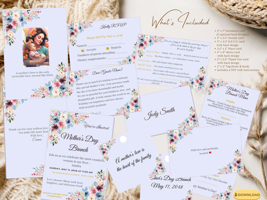 Mother’s Day Deluxe Set featuring a coordinated blush floral invitation suite with watercolor-inspired flowers, elegant pastel typography, RSVP card, details card, menu, thank you note, and matching celebration stationery.