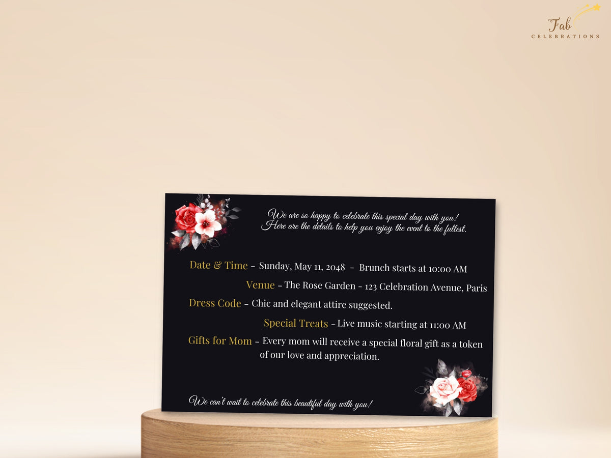 Mother’s Day Details Card – Black & Gold Canva Template