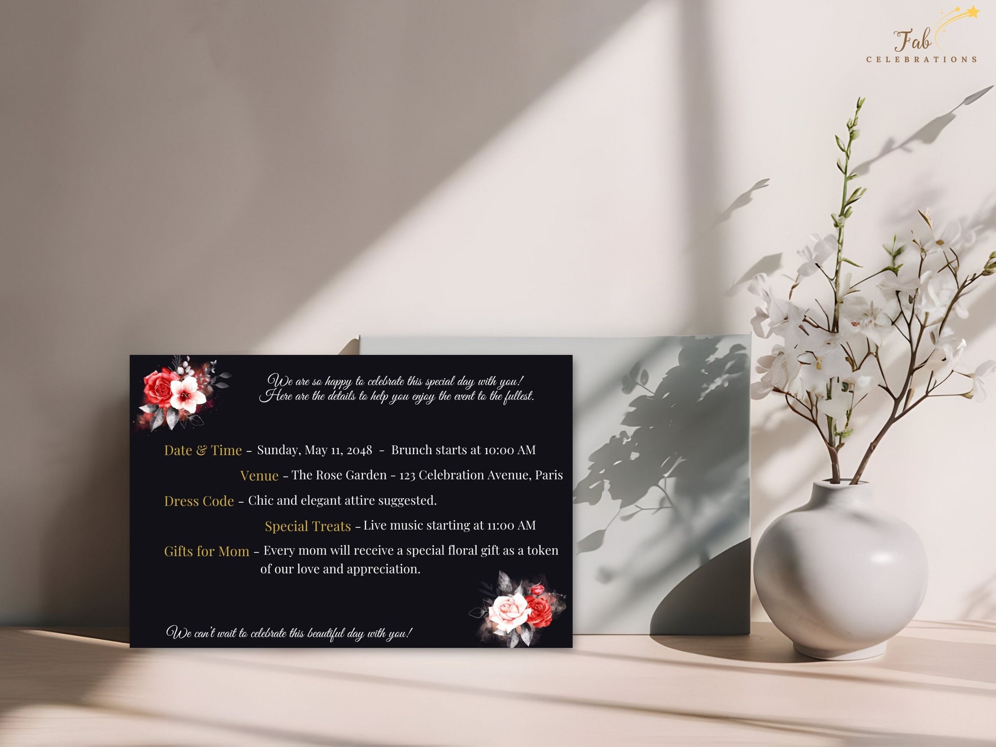 Mother’s Day Details Card featuring an elegant black background with refined gold typography and romantic red and white watercolor-inspired roses designed to present event information beautifully.
