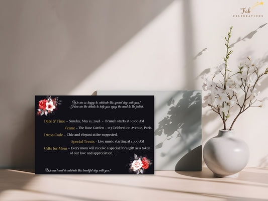 Mother’s Day Details Card featuring an elegant black background with refined gold typography and romantic red and white watercolor-inspired roses designed to present event information beautifully.