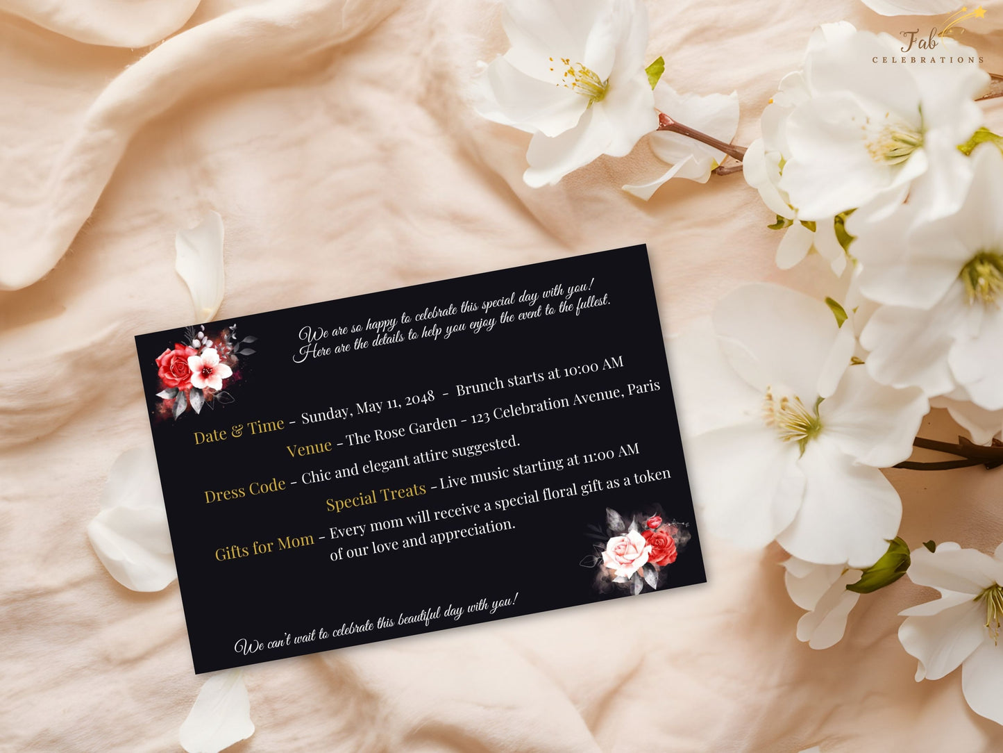 Mother’s Day Details Card front design showcasing luminous gold lettering over a dramatic black backdrop enhanced by delicate red and white floral arrangements in timeless style.