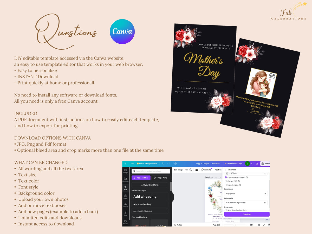 Mother’s Day Details Card – Black & Gold Canva Template