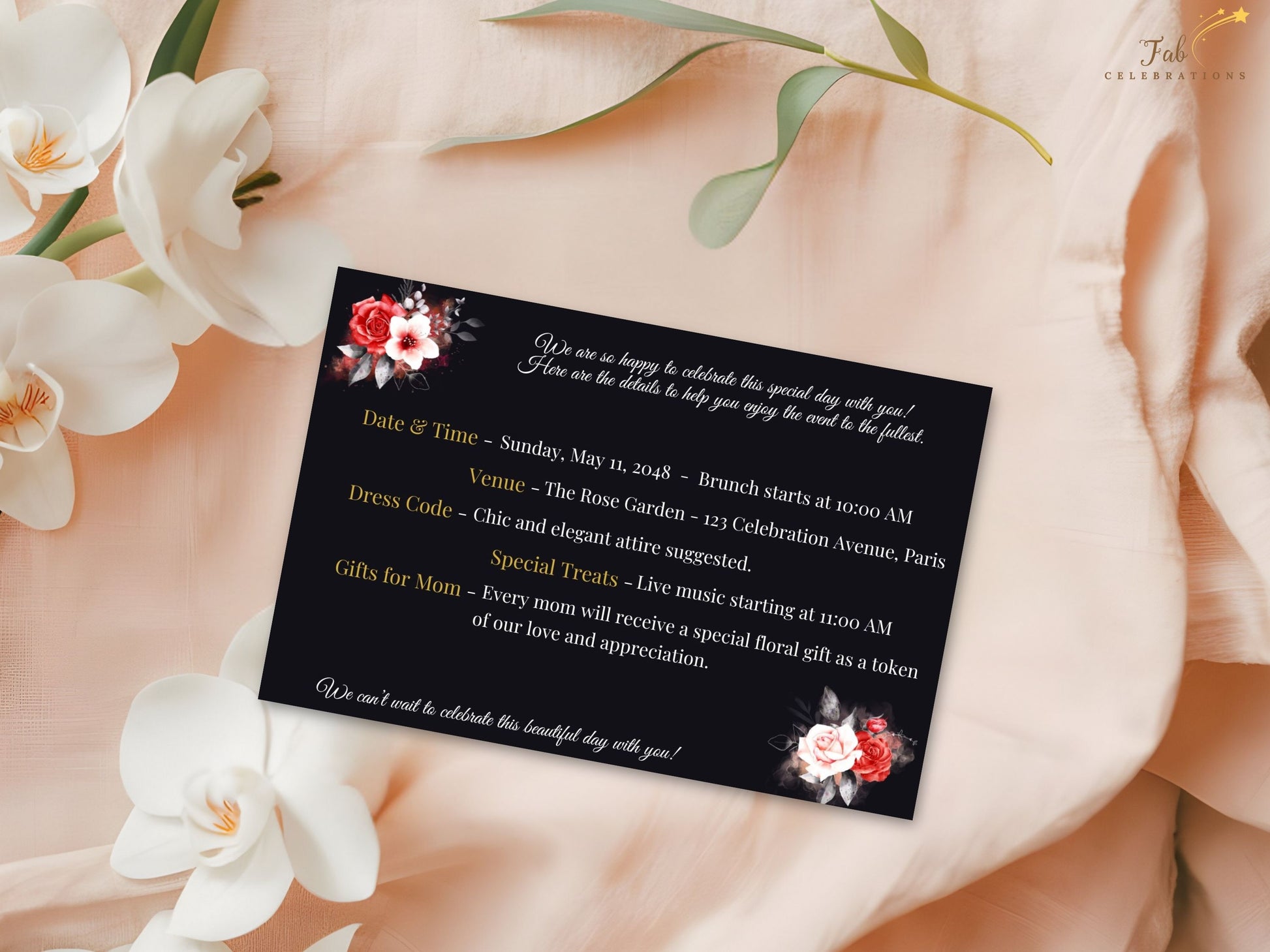 Mother’s Day Details Card typography detail displaying customizable sections for event time, venue address, dress code, RSVP notes, and additional celebration information.