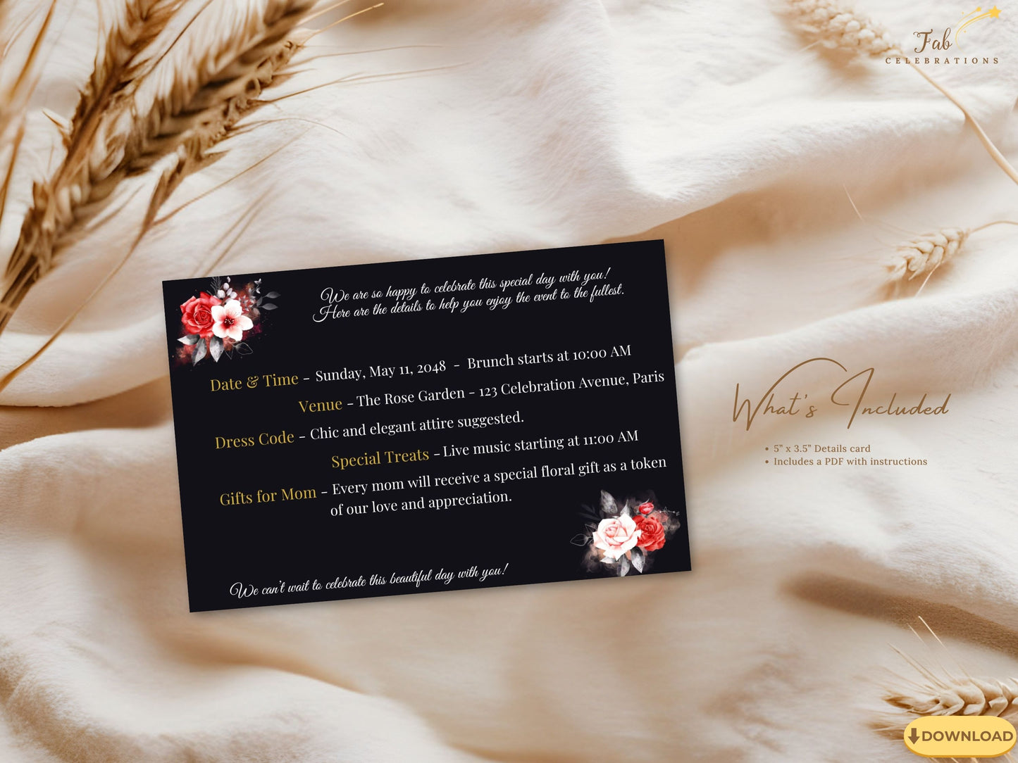 Mother’s Day Details Card flat 5x3.5 layout designed to coordinate seamlessly with matching invitation, RSVP, and menu cards from the Eternal Love collection.