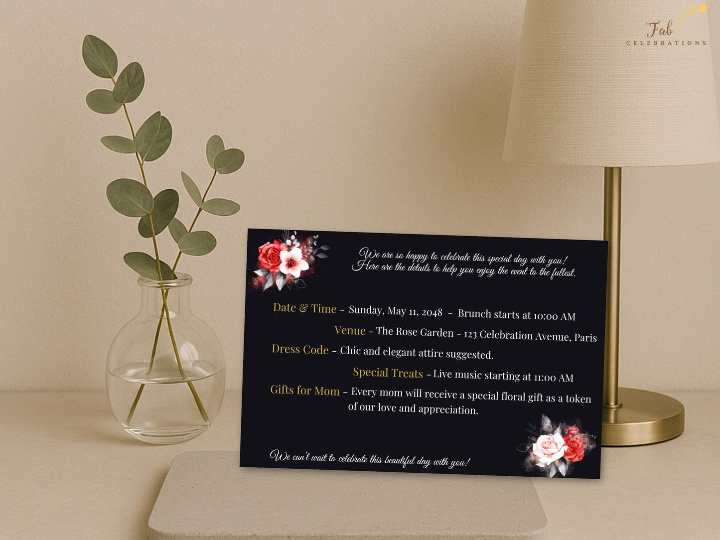 Mother’s Day Details Card black and gold floral aesthetic highlighting elegant typography, balanced spacing, and refined layout ideal for sharing celebration details gracefully.