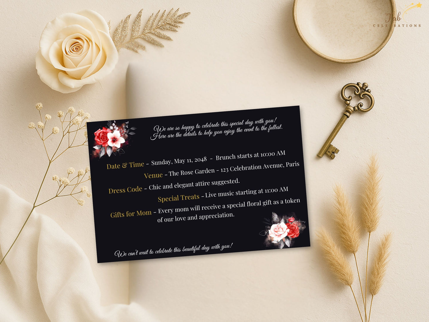 Mother’s Day Details Card close-up detail featuring romantic red and white rose bouquet artwork paired with radiant gold accents in high-resolution printable Canva quality.
