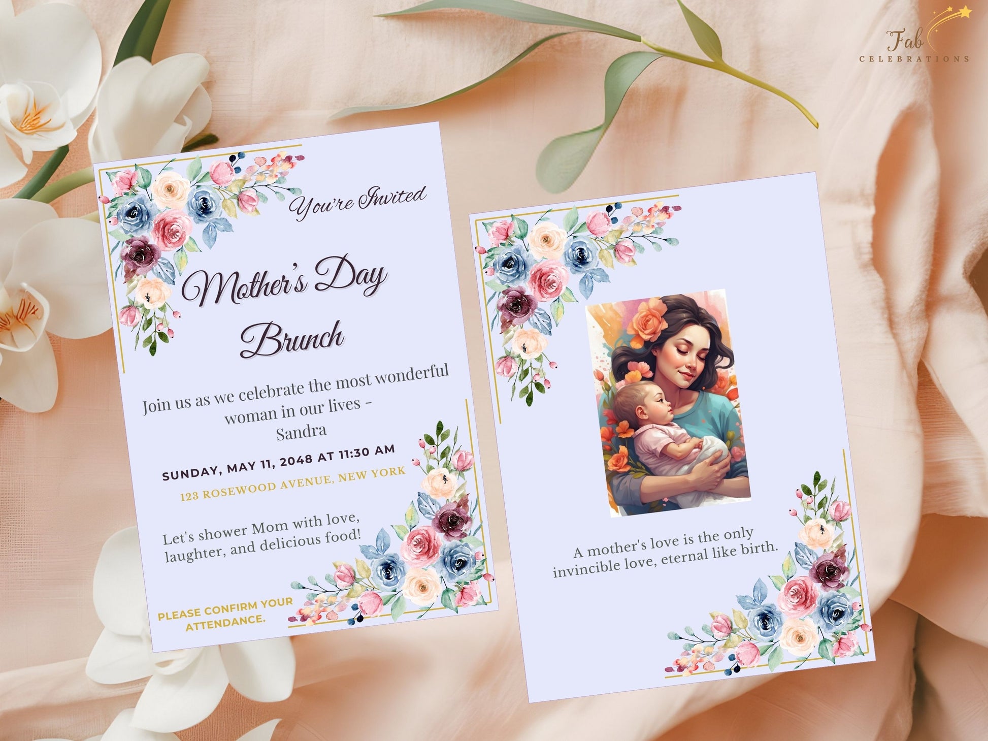 Mother’s Day Event Set RSVP card featuring soft pastel watercolor-inspired botanical accents and editable Canva text areas for collecting guest responses with elegance and harmony.
