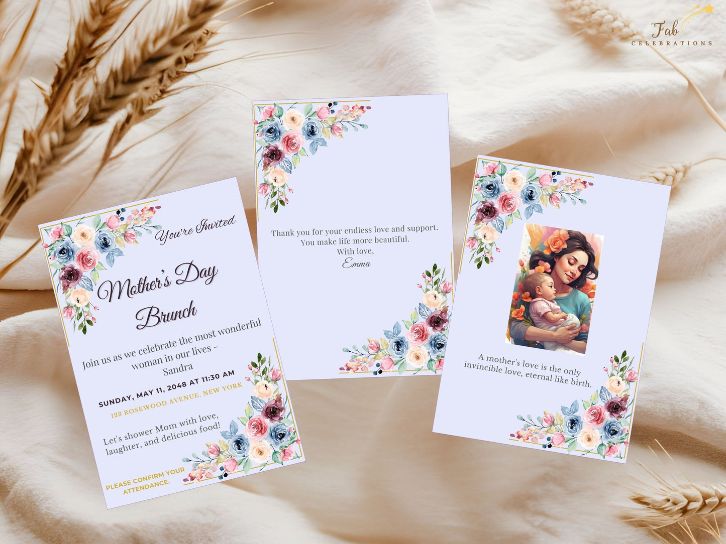 Mother’s Day Event Set invitation card displayed with delicate blush pink and sage green watercolor florals, graceful script typography, and an elegant feminine spring layout.