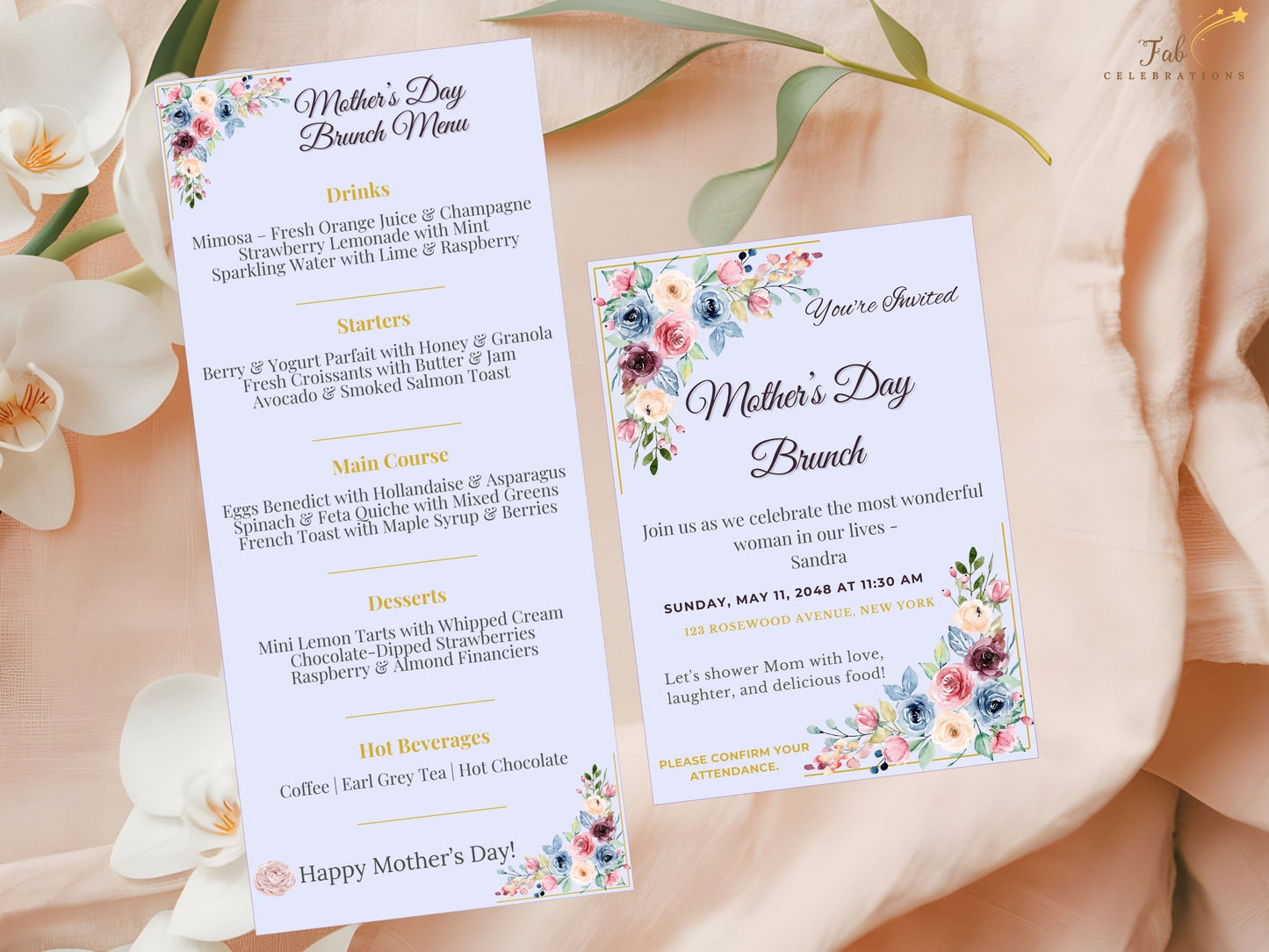 Mother’s Day Event Set floral close-up highlighting romantic blush blooms, delicate sage greenery, and watercolor-inspired botanical details creating a soft feminine atmosphere.