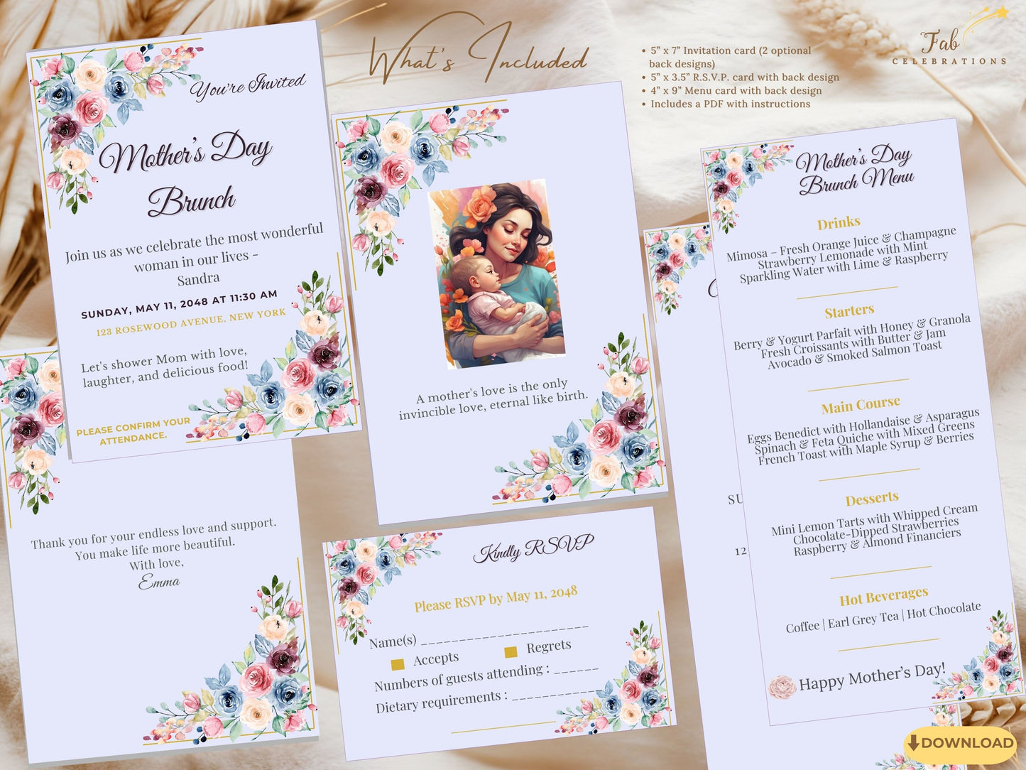 Mother’s Day Event Set featuring an elegant blush floral invitation, RSVP card, and menu card designed with watercolor-inspired flowers and refined pastel typography for spring celebrations.