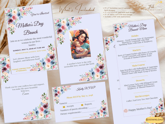 Mother’s Day Event Set featuring an elegant blush floral invitation, RSVP card, and menu card designed with watercolor-inspired flowers and refined pastel typography for spring celebrations.