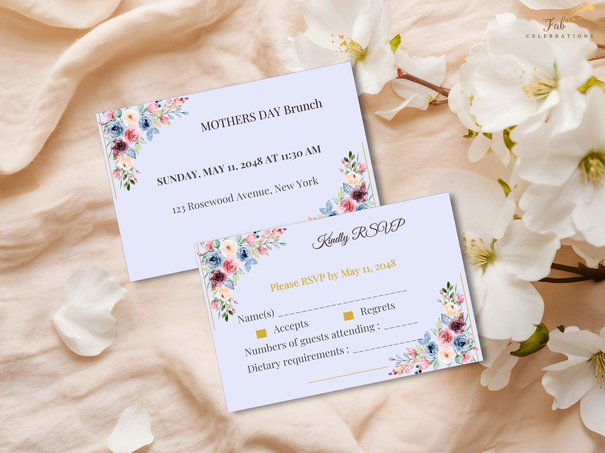 Mother’s Day Event Set complete stationery suite arranged together with invitation, RSVP, and menu cards in coordinated blush and sage watercolor-inspired floral tones.