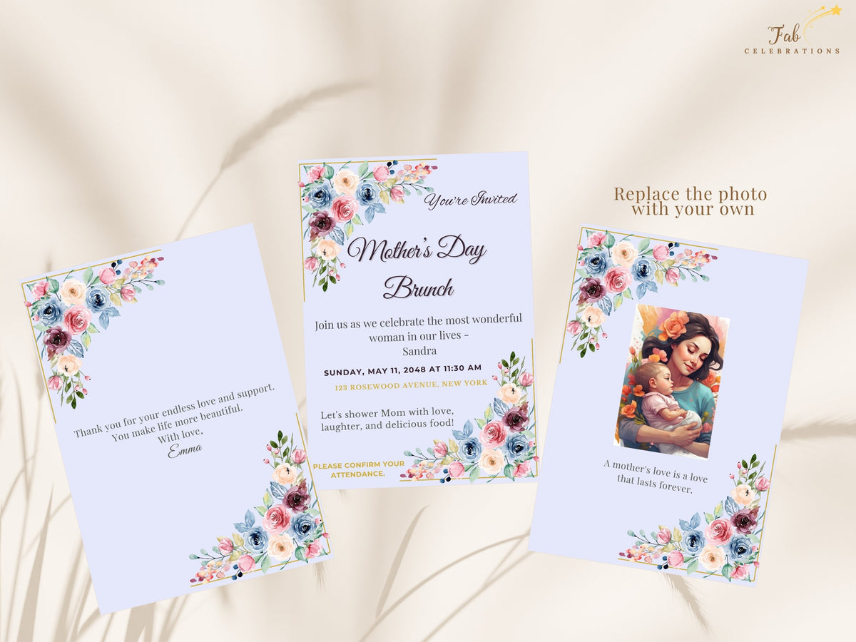 Mother’s Day Event Set featuring a floral brunch invitation with two coordinating back designs, including a mother-and-child image option and a heartfelt message option.