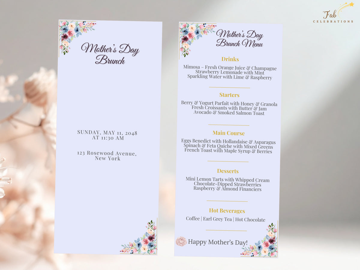 Mother’s Day Event Set menu shown front and back, featuring soft blush pink florals, delicate green foliage and an elegant coordinated design for a beautifully styled Mother’s Day celebration.
