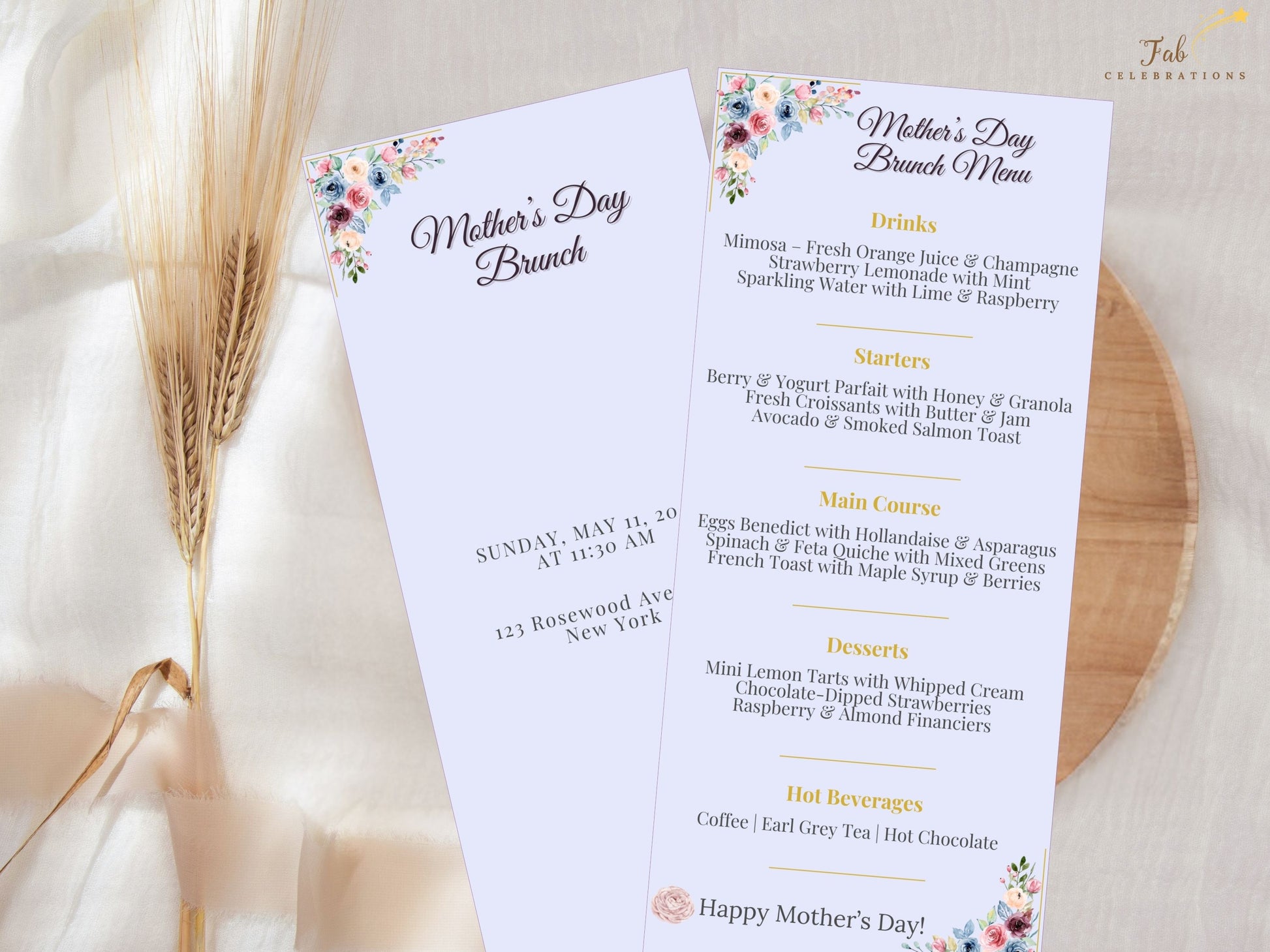 Mother’s Day Event Set menu card designed with blush floral artwork, airy typography, and refined pastel styling, perfect for elegant brunches and spring family gatherings.