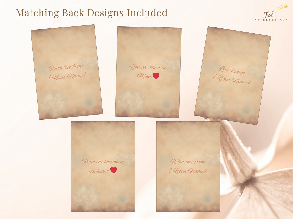 Five matching printable Mother's Day card backs with different heartfelt messages, including With love from [Your Name], You are the best, Mom, Love always, and From the bottom of my heart, editable.