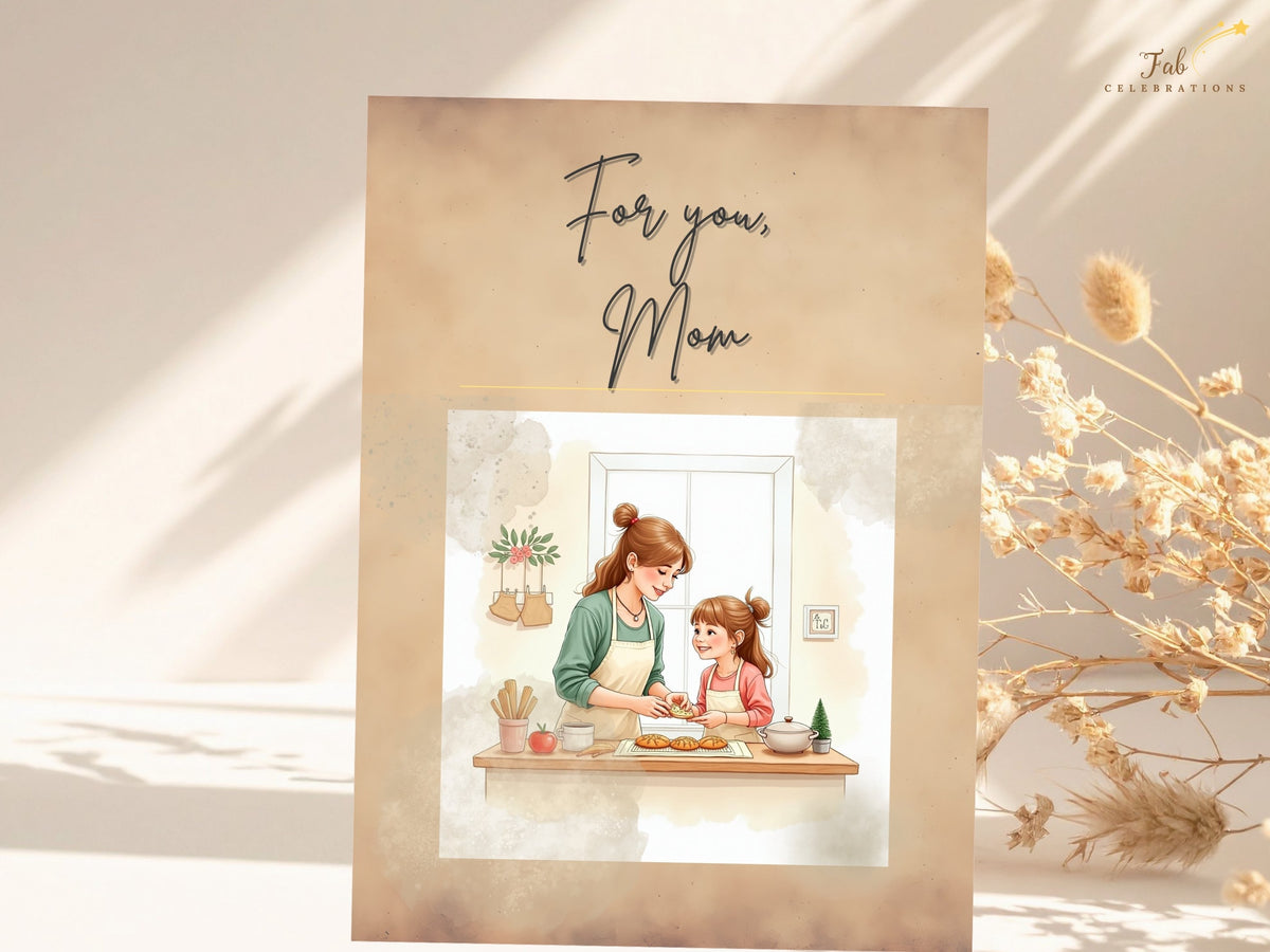 For you, Mom printable greeting card with delicate script lettering and a watercolor-inspired illustration of a mother and daughter preparing treats together, on a warm beige design for Mother's Day.