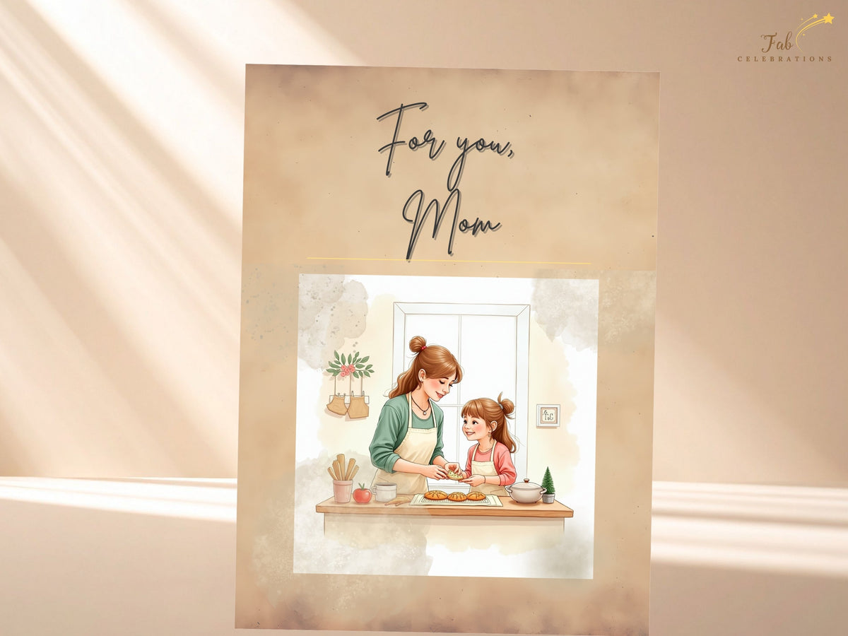For you, Mom printable Mother's Day card with a watercolor-inspired illustration of a mother and daughter baking together, framed by soft neutral textures and elegant dark handwritten lettering.