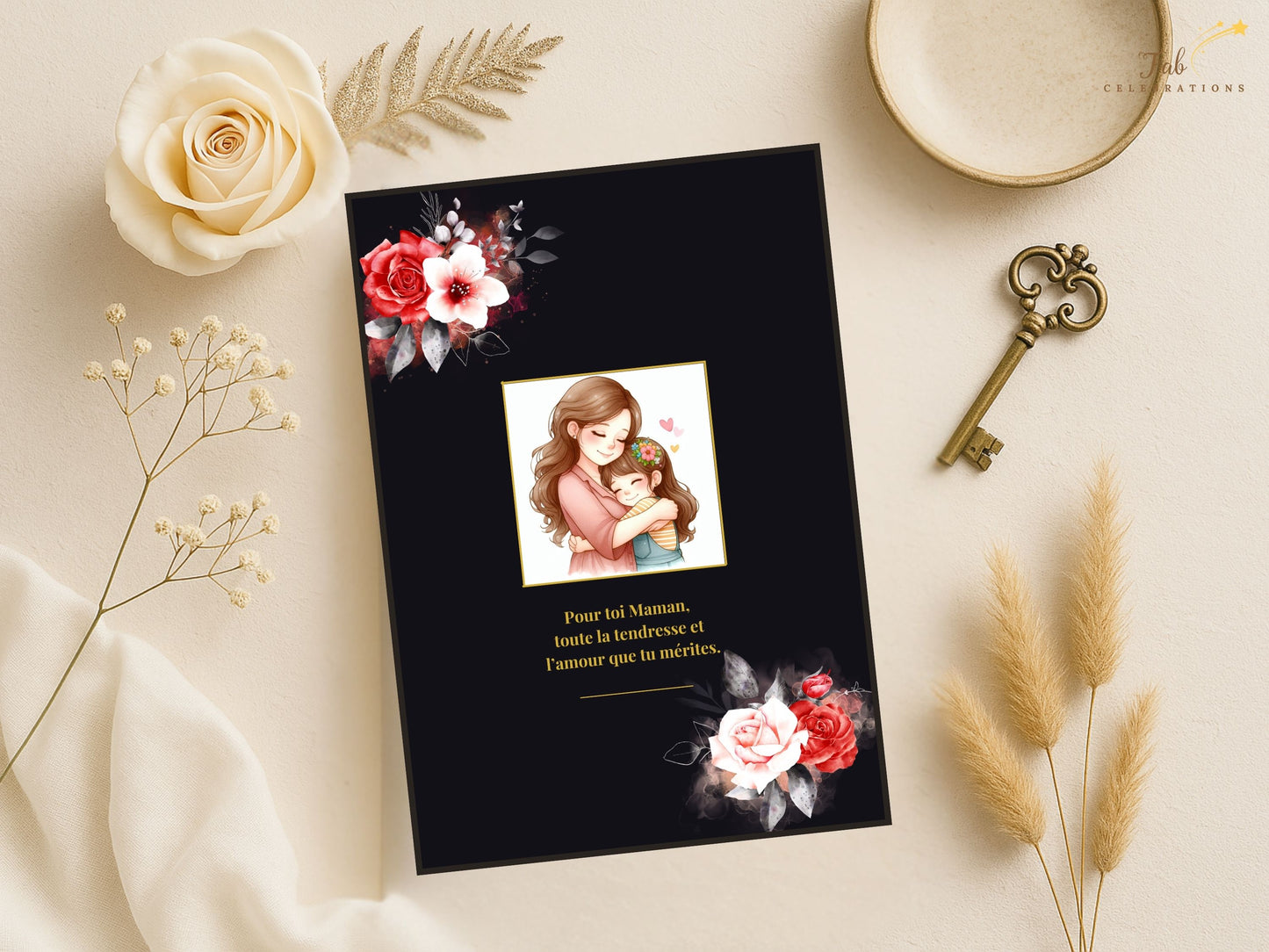 Mother’s Day French Card printed example displayed on premium cardstock, showcasing crisp 300 DPI resolution, vibrant color depth, and luxurious black and gold floral styling.
