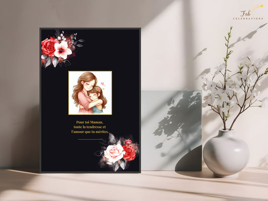 Mother’s Day French Card featuring a tender mother and daughter illustration surrounded by elegant floral artwork, capturing warmth, affection, and timeless beauty in printable format.