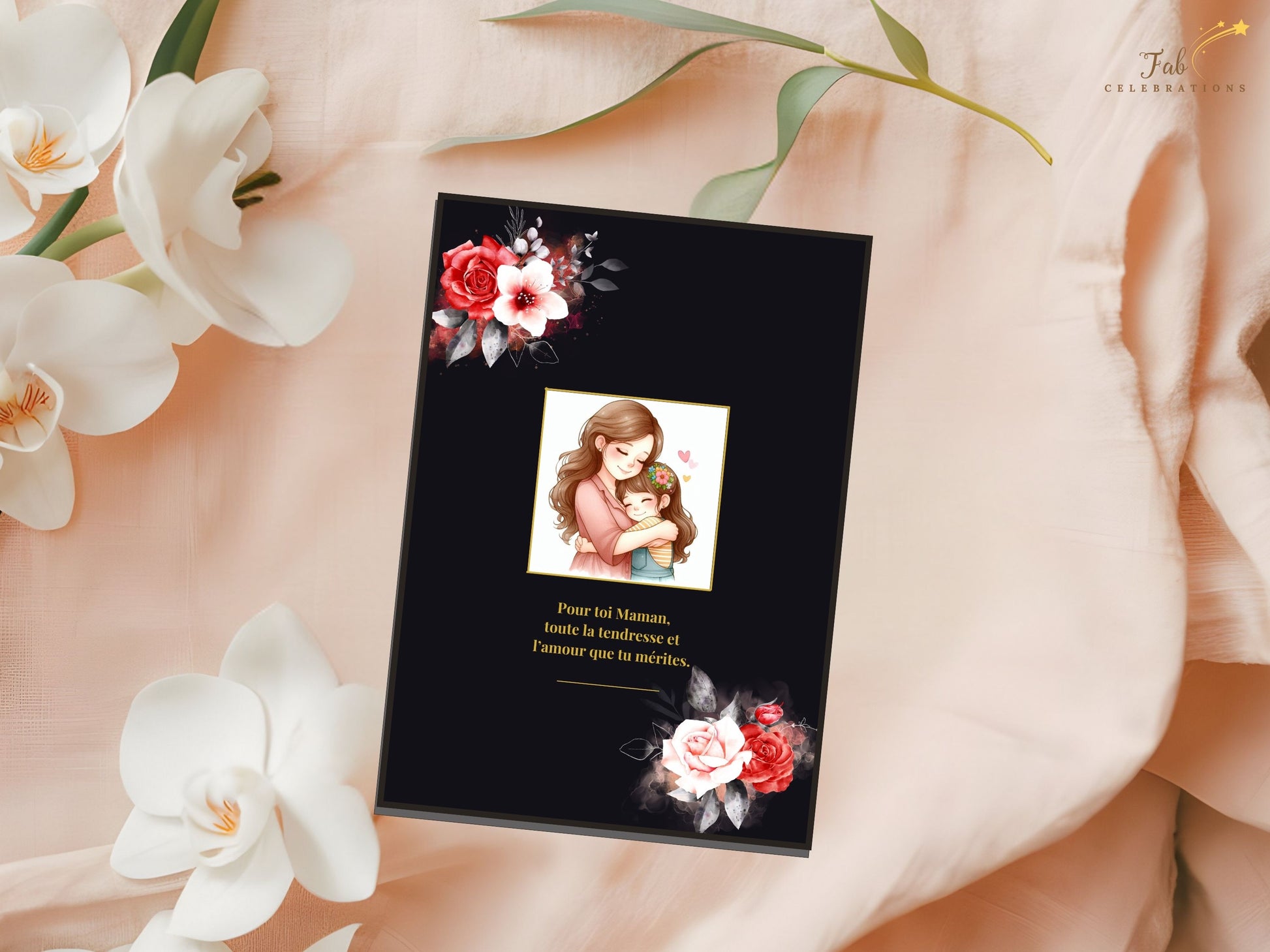 Mother’s Day French Card printable design featuring a dramatic black background, radiant gold typography, romantic red and white roses, and an elegant French message displayed in refined 5x7 format.