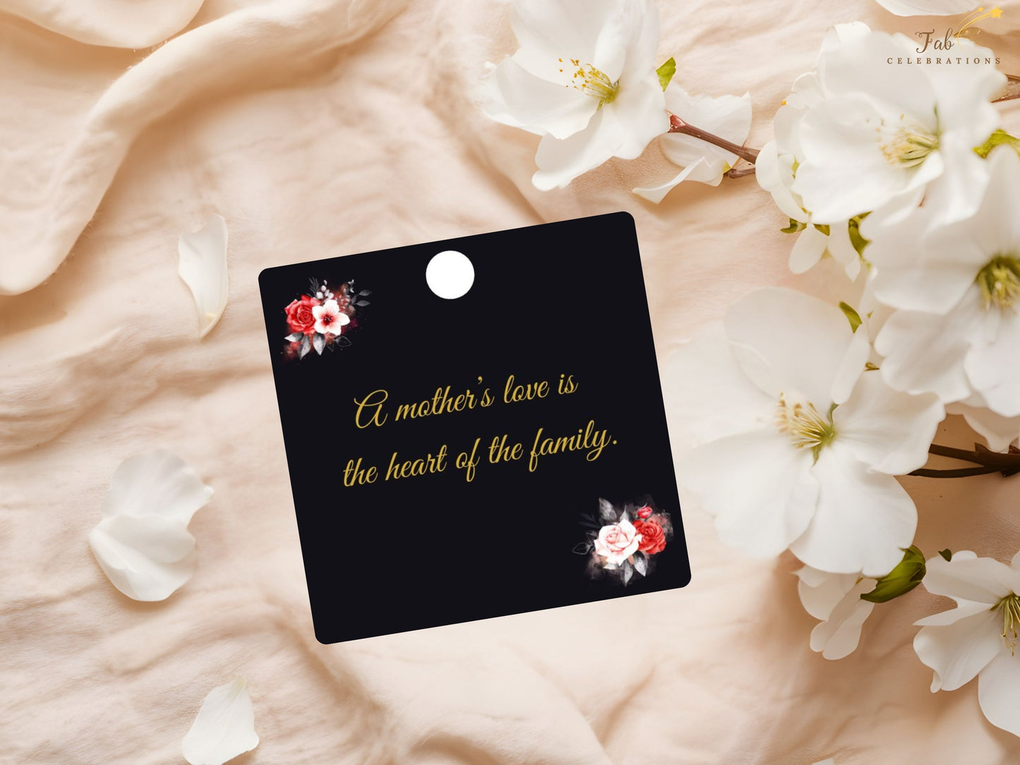 Mother’s Day Gift Tag close-up detail featuring rich red and white rose bouquet artwork combined with radiant gold accents in high-resolution printable Canva quality.