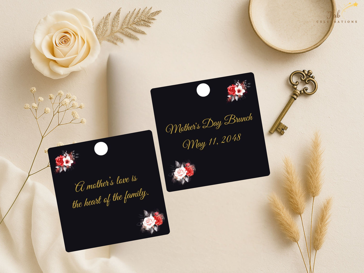 Mother’s Day Gift Tag black and gold floral aesthetic highlighting refined layout, balanced typography, and graceful styling ideal for gifts, table décor, or keepsake packaging.