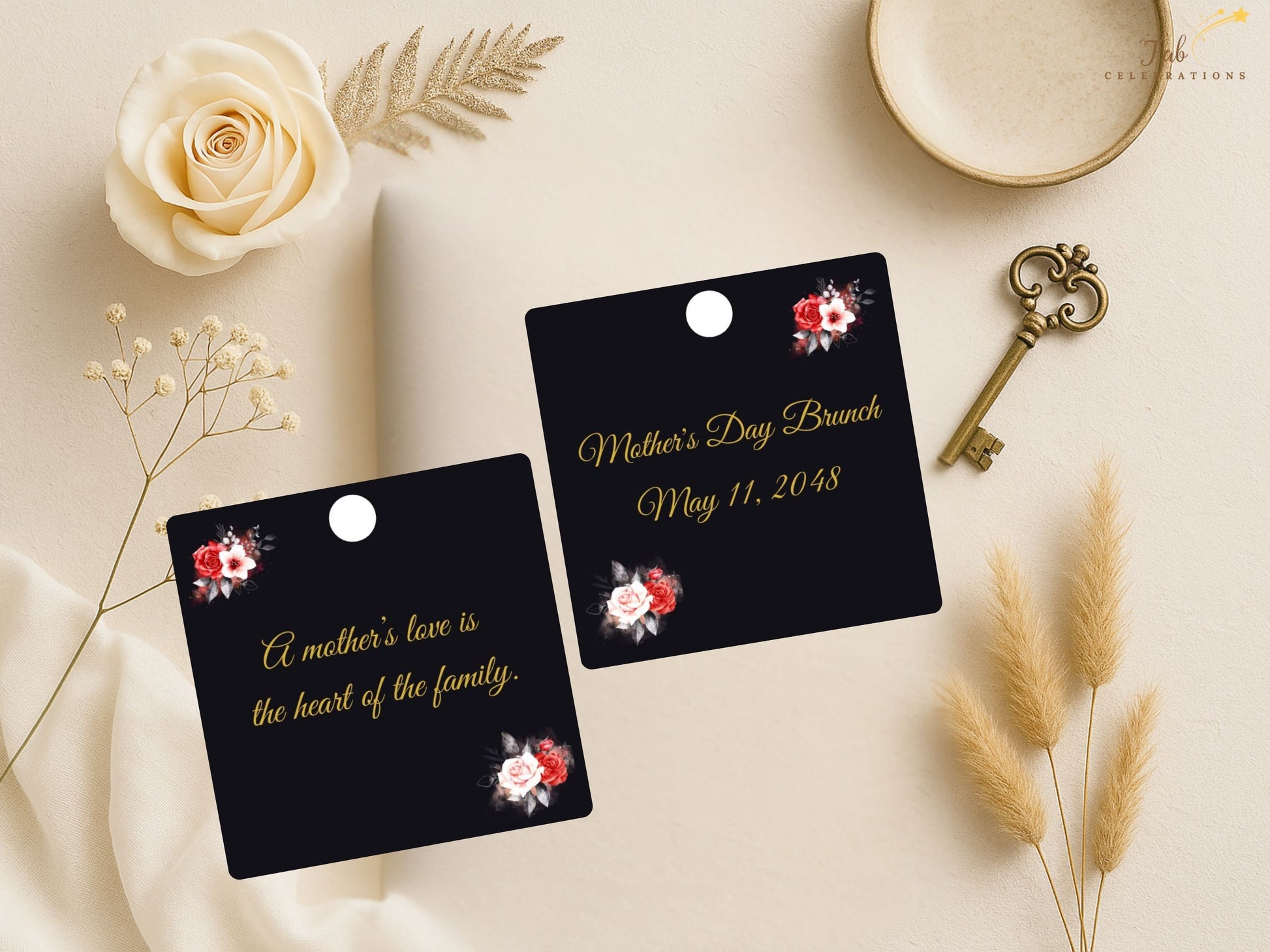 Mother’s Day Gift Tag black and gold floral aesthetic highlighting refined layout, balanced typography, and graceful styling ideal for gifts, table décor, or keepsake packaging.
