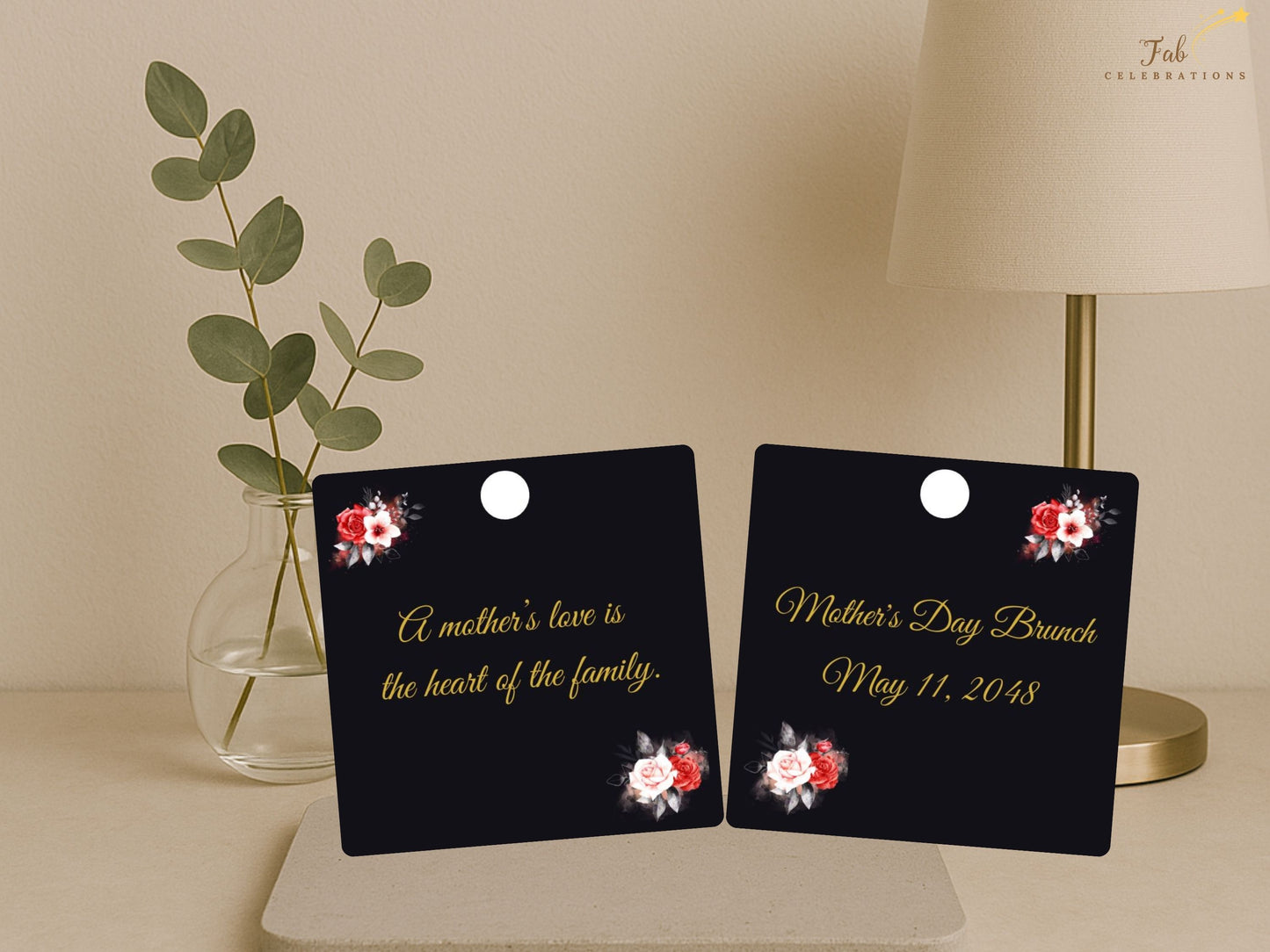 Mother’s Day Gift Tag coordinated suite presentation showcasing how this elegant black and gold floral tag pairs beautifully with matching invitation, RSVP, menu, and details cards.