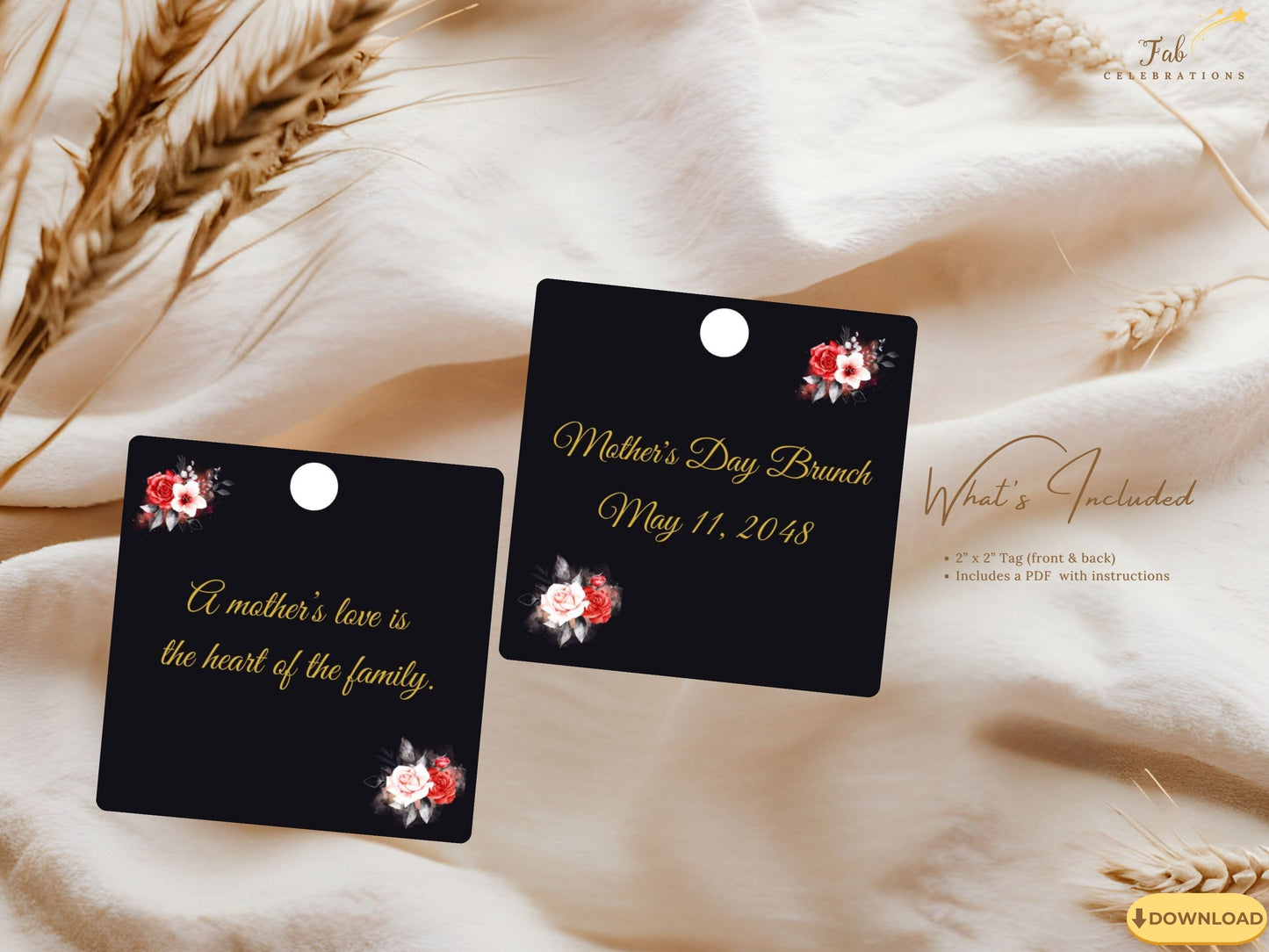 Mother’s Day Gift Tag front design showcasing luminous gold lettering set against a dramatic black backdrop enhanced with delicate red and white floral artwork in timeless elegant style.