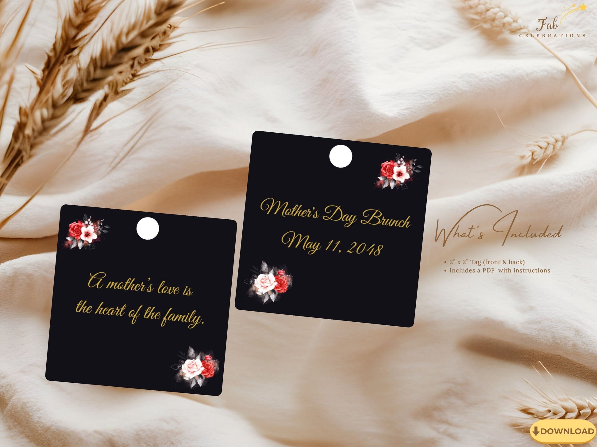 Mother’s Day Gift Tag front design showcasing luminous gold lettering set against a dramatic black backdrop enhanced with delicate red and white floral artwork in timeless elegant style.