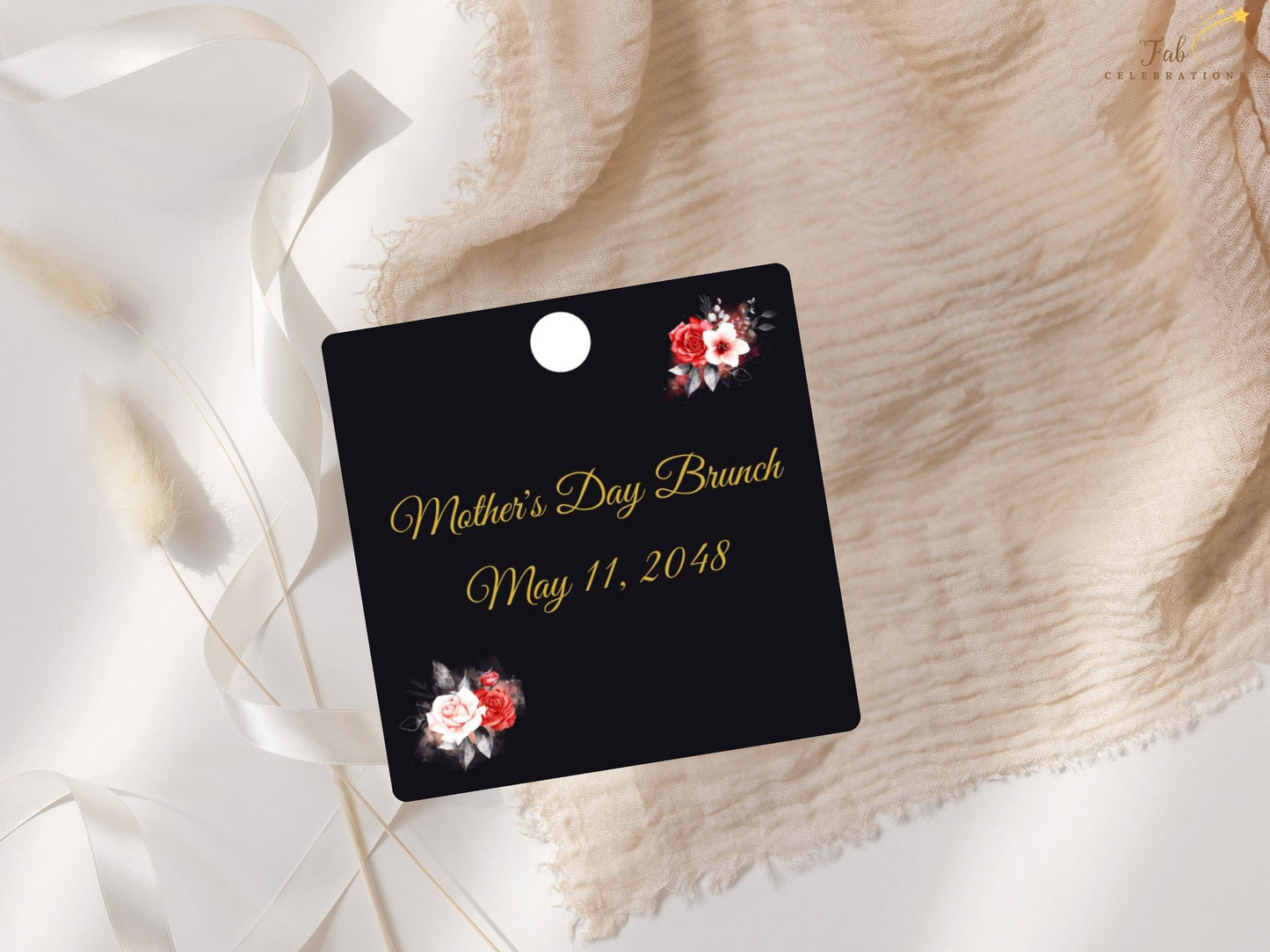Mother’s Day Gift Tag typography detail displaying customizable space for names, short messages, heartfelt notes, or celebration wording in an elegant floral composition.
