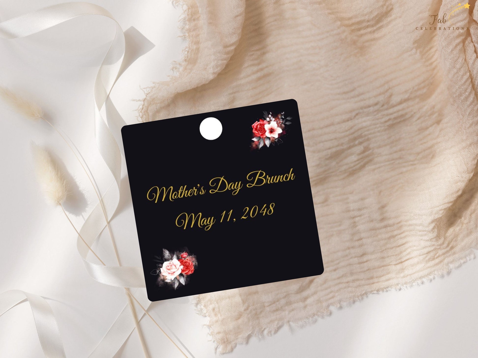 Mother’s Day Gift Tag typography detail displaying customizable space for names, short messages, heartfelt notes, or celebration wording in an elegant floral composition.

