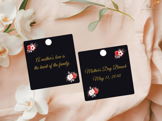 Mother’s Day Gift Tag featuring an elegant black background with radiant gold typography and romantic red and white watercolor-inspired roses designed to elevate your celebration beautifully.