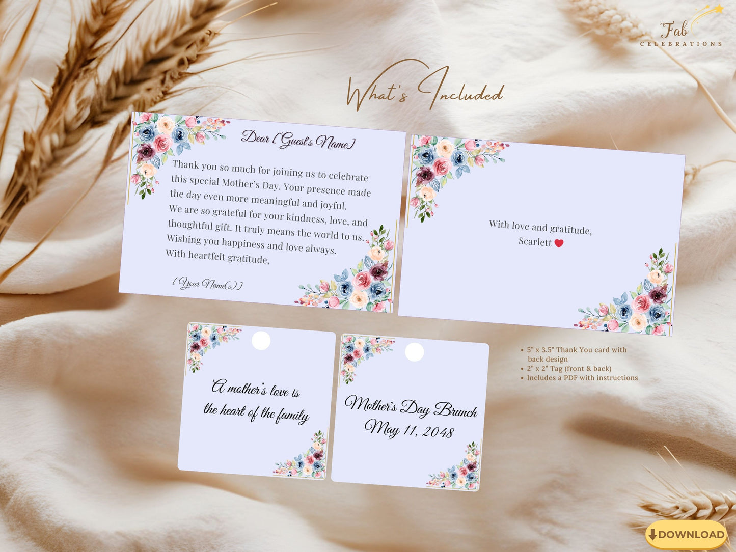 Mother’s Day Gratitude Set featuring an elegant thank you card and matching floral gift tag designed with blush pink and sage green watercolor-inspired florals and refined pastel typography.