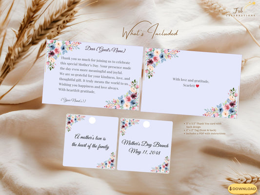 Mother’s Day Gratitude Set featuring an elegant thank you card and matching floral gift tag designed with blush pink and sage green watercolor-inspired florals and refined pastel typography.