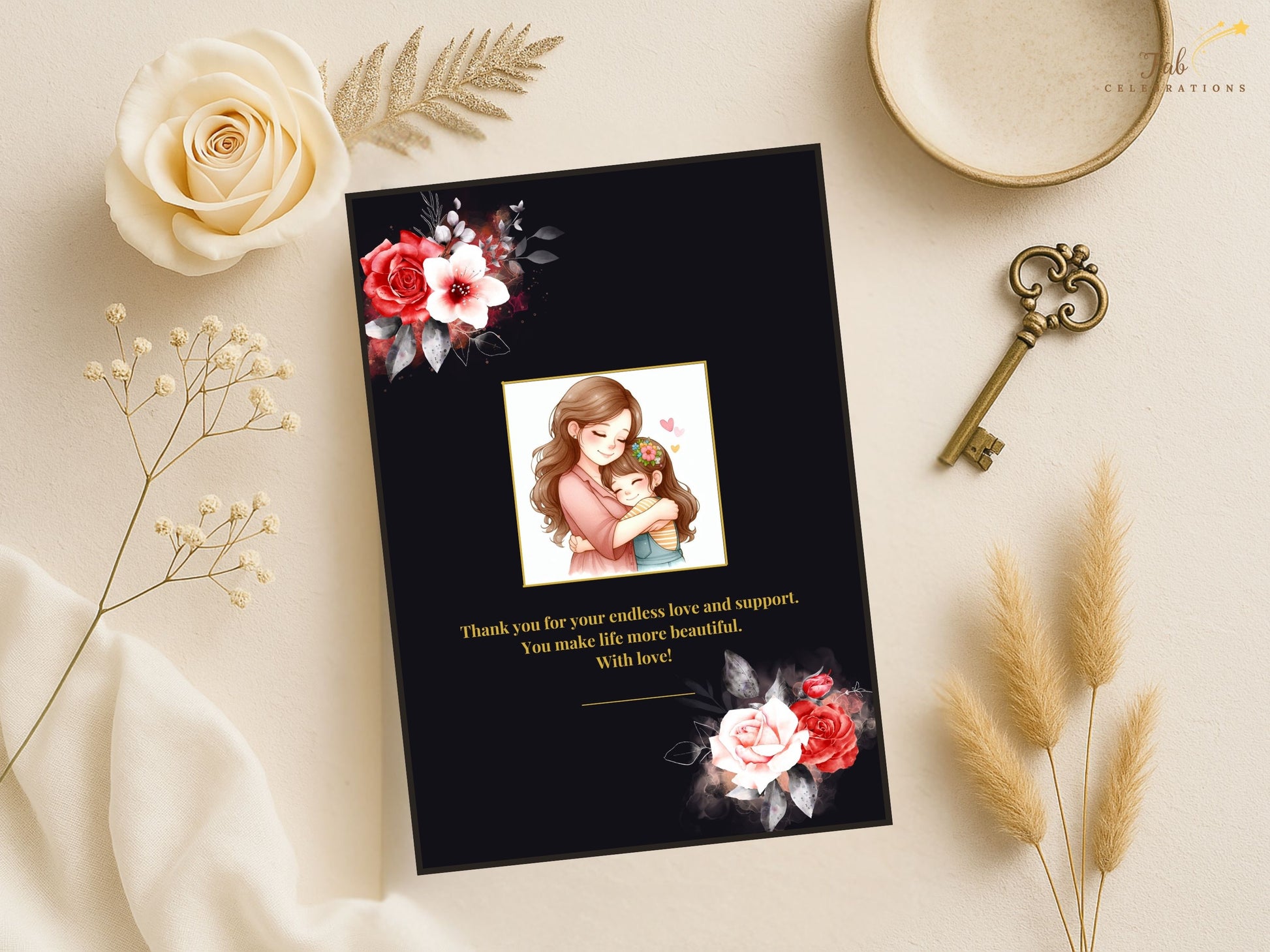 Mother’s Day Greeting Card floral close-up showcasing rich red roses, delicate white blooms, luminous gold typography, and elegant decorative elements layered over black background.
