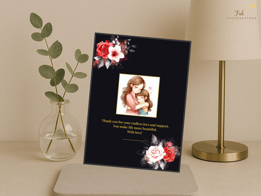 Mother’s Day Greeting Card printable design featuring a dramatic black background, radiant gold typography, and romantic red and white roses with elegant mother and daughter illustration.