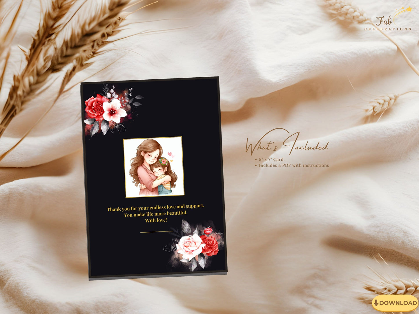 Mother’s Day Greeting Card full layout view showcasing romantic floral arrangements, refined gold lettering, and heartfelt prewritten message ready to print and gift beautifully.