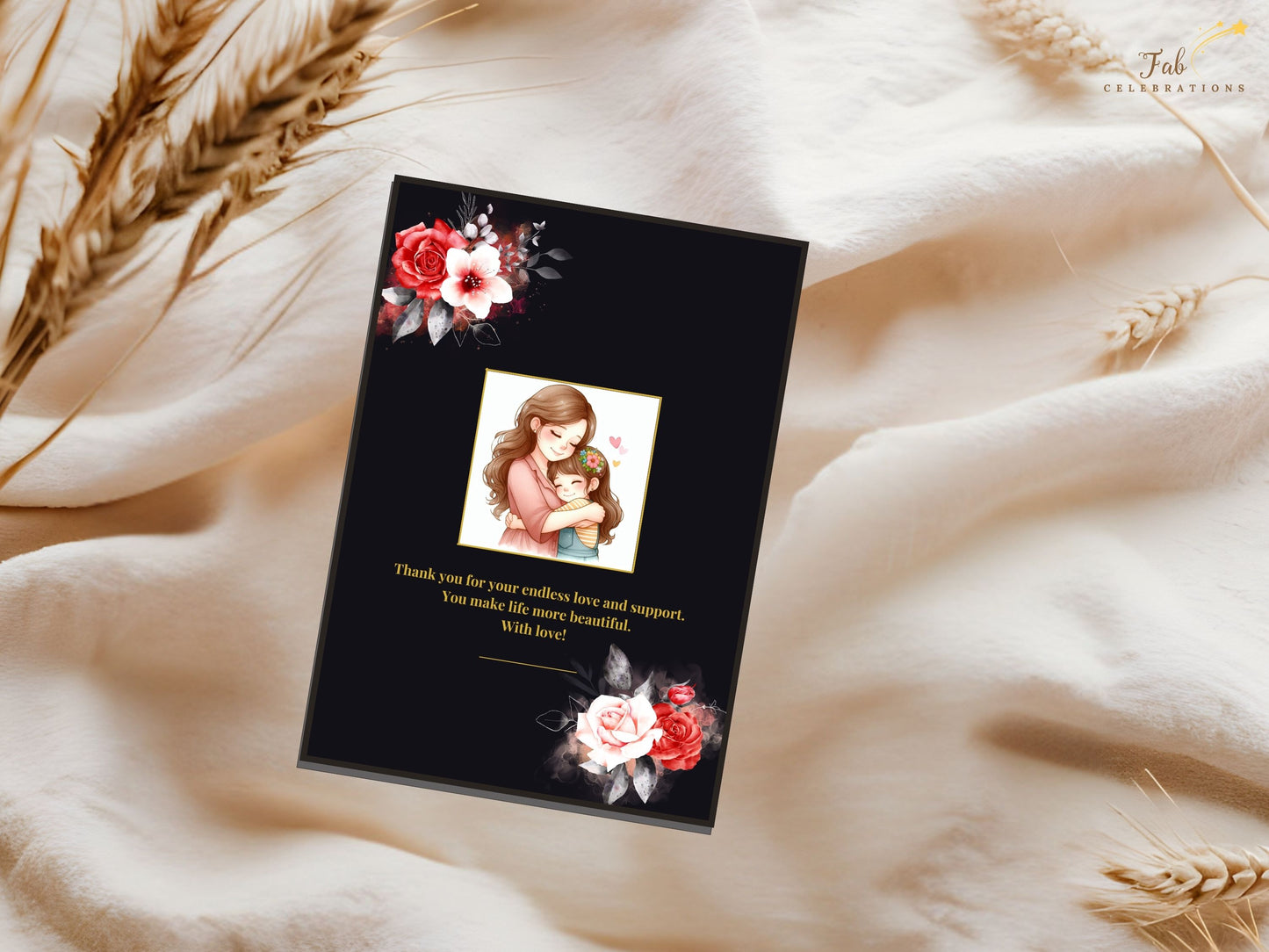 Mother’s Day Greeting Card styled on an elegant table setting with soft natural lighting, illustrating how the printable design enhances a heartfelt celebration beautifully.