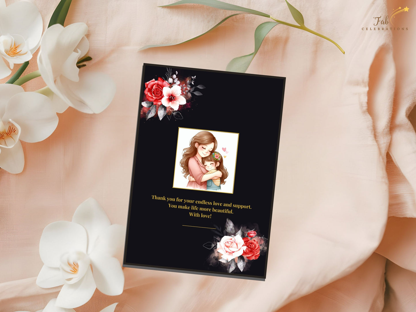 Mother’s Day Greeting Card close-up detail featuring tender mother and daughter illustration framed by romantic roses and radiant gold accents in timeless printable style.