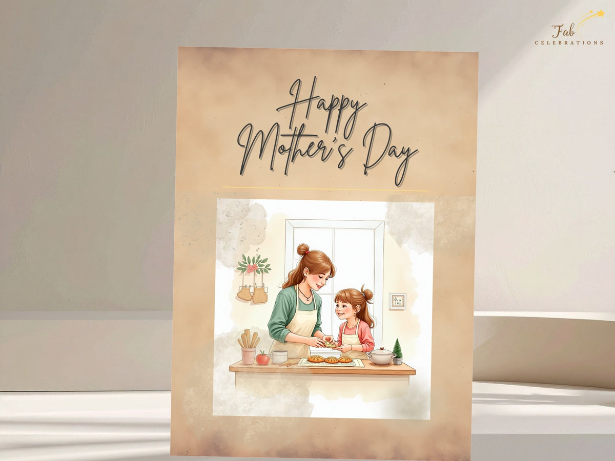 Happy Mother's Day greeting card with expressive dark calligraphy and a watercolor-inspired scene of a mother and daughter baking together, offered as an editable printable Canva design in warm.