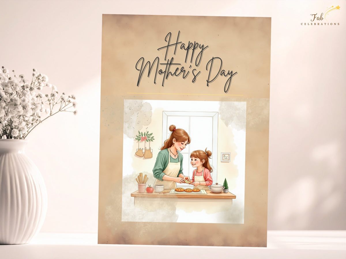 Happy Mother's Day printable greeting card featuring dark calligraphy above a watercolor-inspired scene of a mother and daughter baking together, with warm neutral colors and an elegant textured.