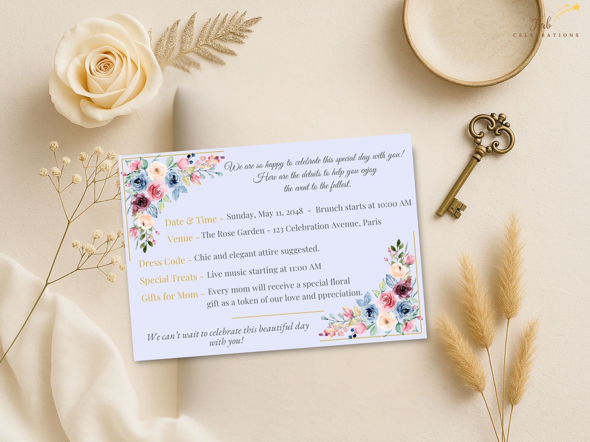 Mother’s Day Info Card flat layout design with balanced spacing, soft watercolor blooms, and elegant typography ideal for organizing Mother’s Day celebration details gracefully.
