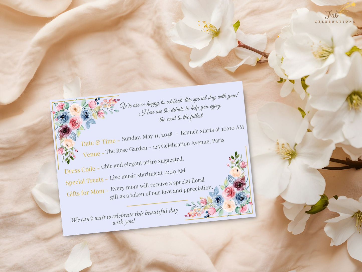 Mother’s Day Info Card printable 5x3.5 flat card showcasing delicate pastel florals, graceful typography, and a refined layout for presenting event information beautifully.