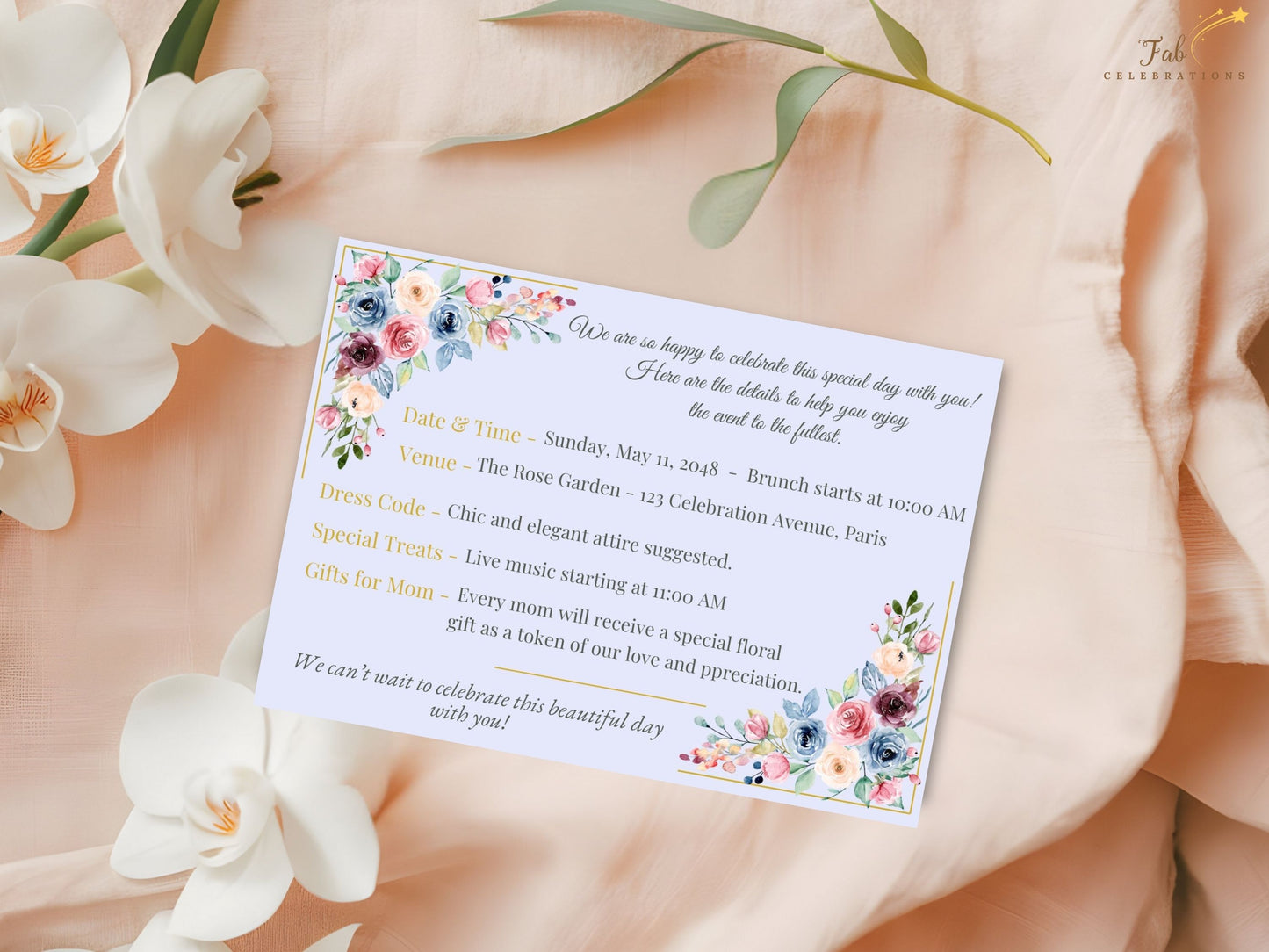 Mother’s Day Info Card sage green botanical accents bringing freshness and balance to the romantic pastel watercolor-inspired floral design and airy layout.