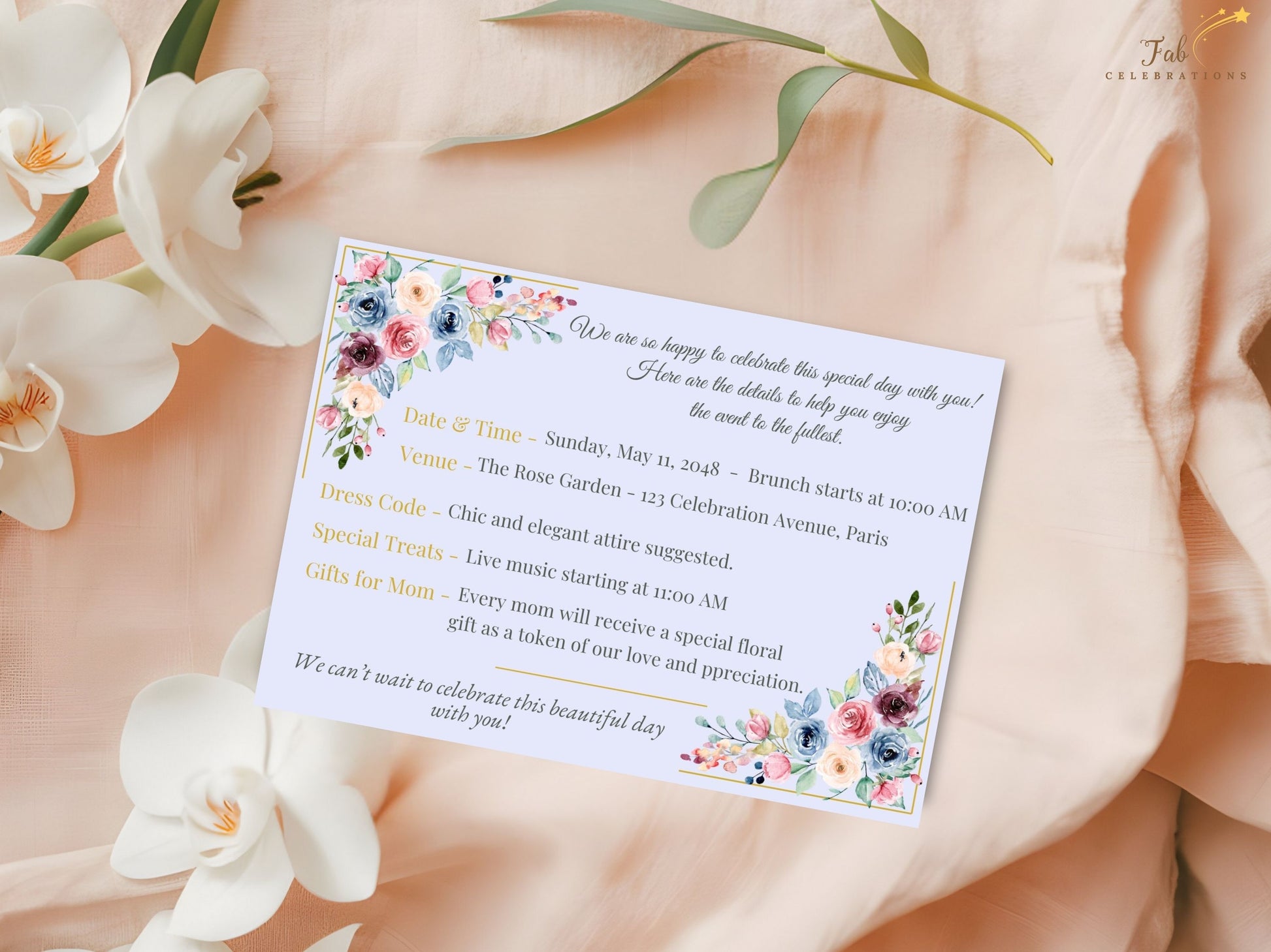 Mother’s Day Info Card sage green botanical accents bringing freshness and balance to the romantic pastel watercolor-inspired floral design and airy layout.