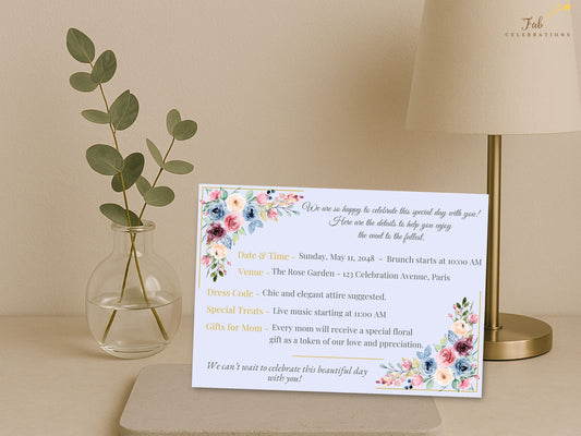 Mother’s Day Info Card featuring an elegant watercolor-inspired floral design in blush pink, sage green, and pastel blue, created to share celebration details with warmth and clarity.